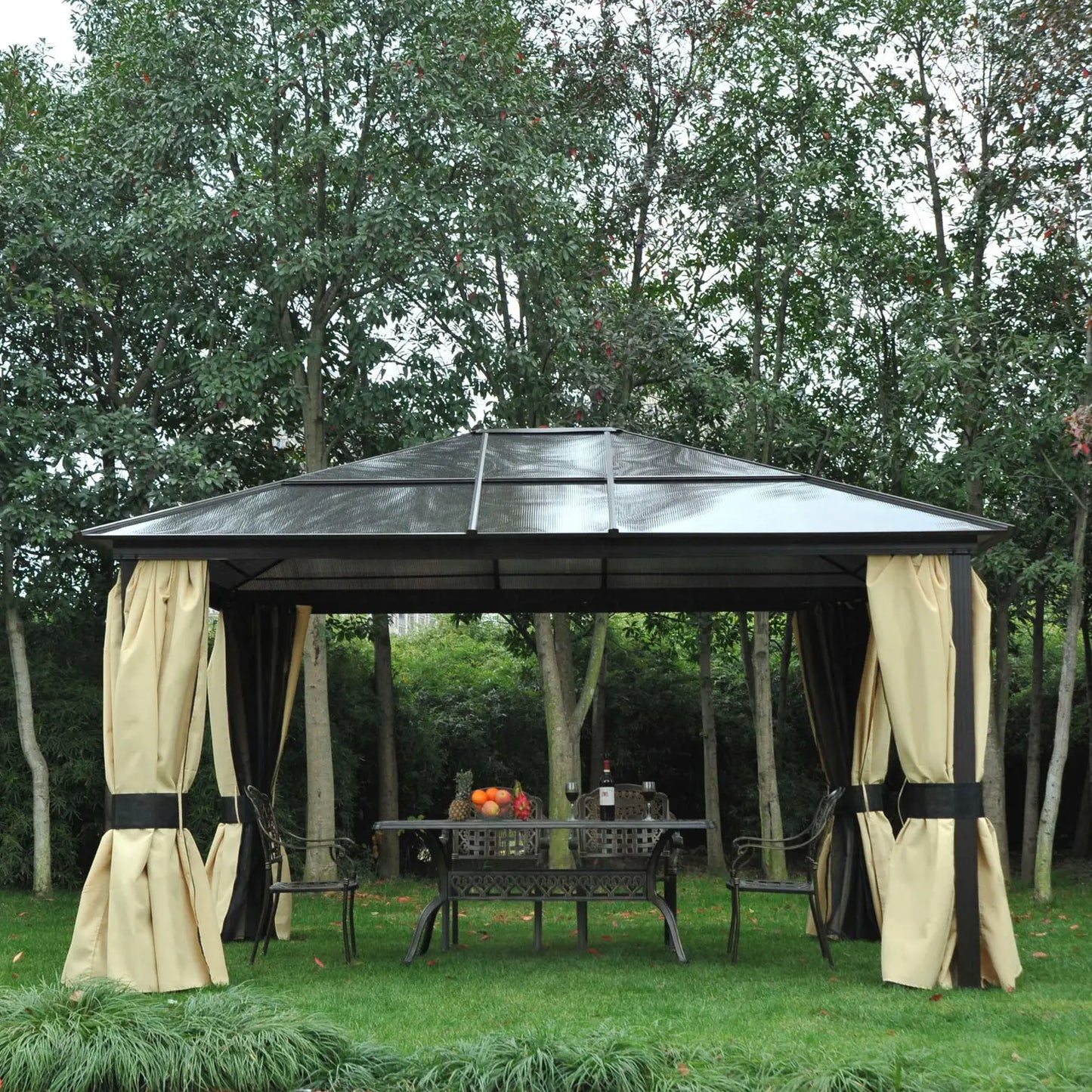12' x 14' Hard Top Patio Gazebo, Aluminum Shelter, Curtains, Mosquito Netting Gazebos at Gallery Canada