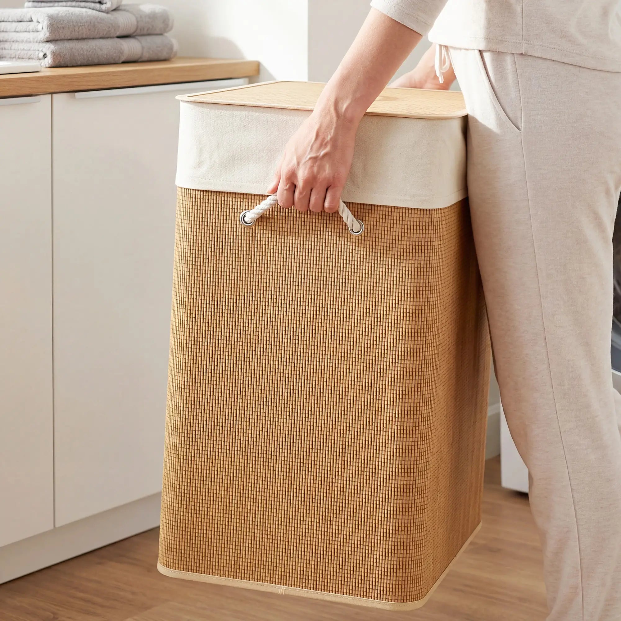 Double Laundry Basket with Lid, 100L Bamboo Hamper, Removable Bags, Brown Clothing Storage at Gallery Canada