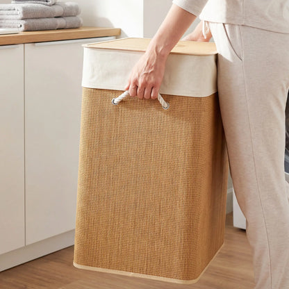 Double Laundry Basket with Lid, 100L Bamboo Hamper, Removable Bags, Brown Clothing Storage at Gallery Canada
