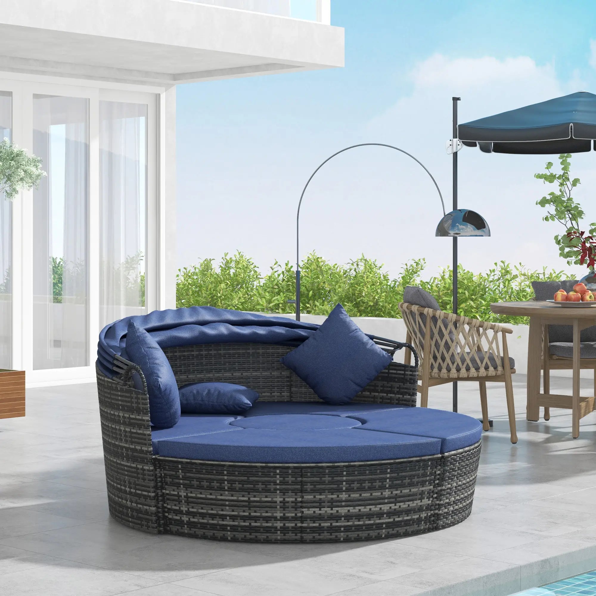 Outdoor Daybed with Canopy, Wicker Round Sofa, 4 Pieces, Dark Blue Patio Furniture Sets at Gallery Canada