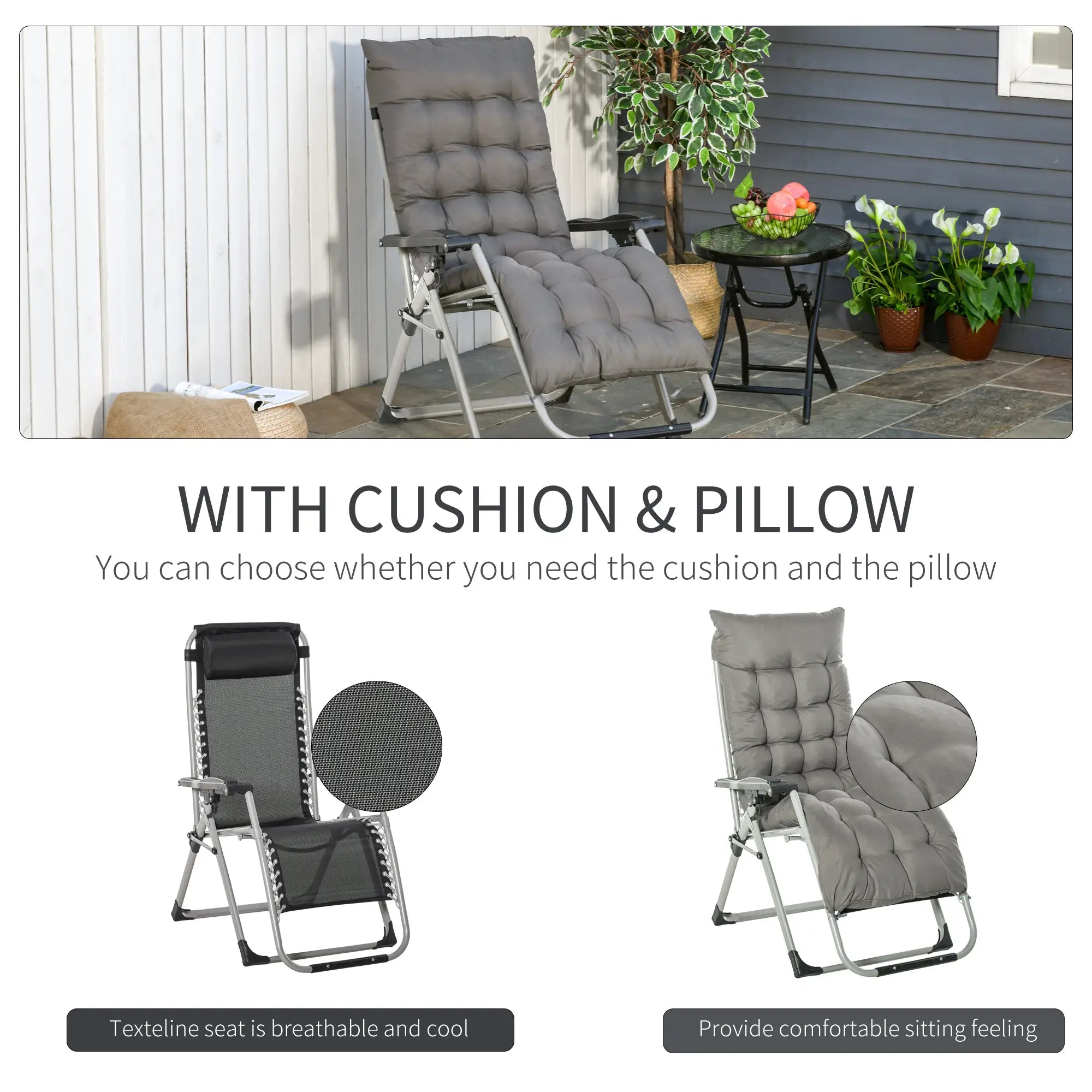 Reclining Zero Gravity Chair, Adjustable Backrest, Folding Sun Lounger, Removable Cushion, Headrest, Dark Grey Lounger Chairs at Gallery Canada