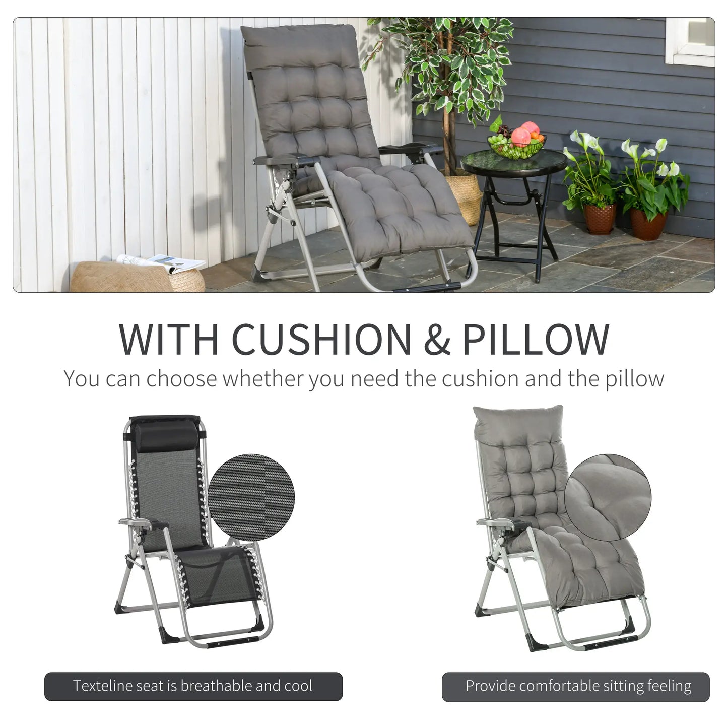 Reclining Zero Gravity Chair, Adjustable Backrest, Folding Sun Lounger, Removable Cushion, Headrest, Dark Grey Lounger Chairs at Gallery Canada