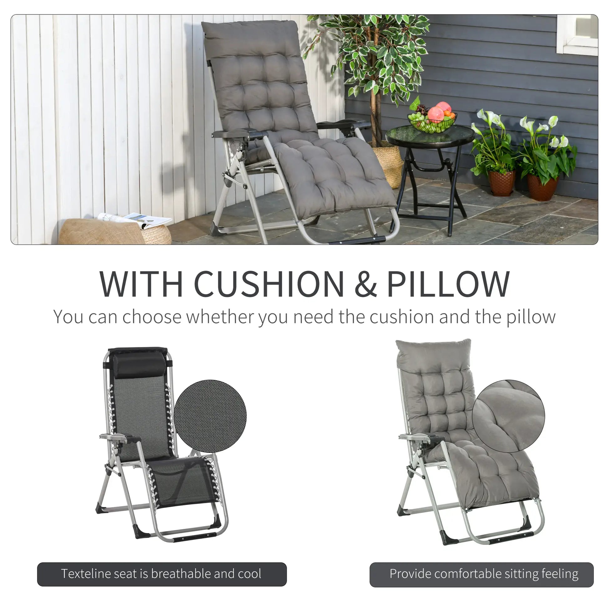 Reclining Zero Gravity Chair, Adjustable Backrest, Folding Sun Lounger, Removable Cushion, Headrest, Dark Grey Lounger Chairs at Gallery Canada