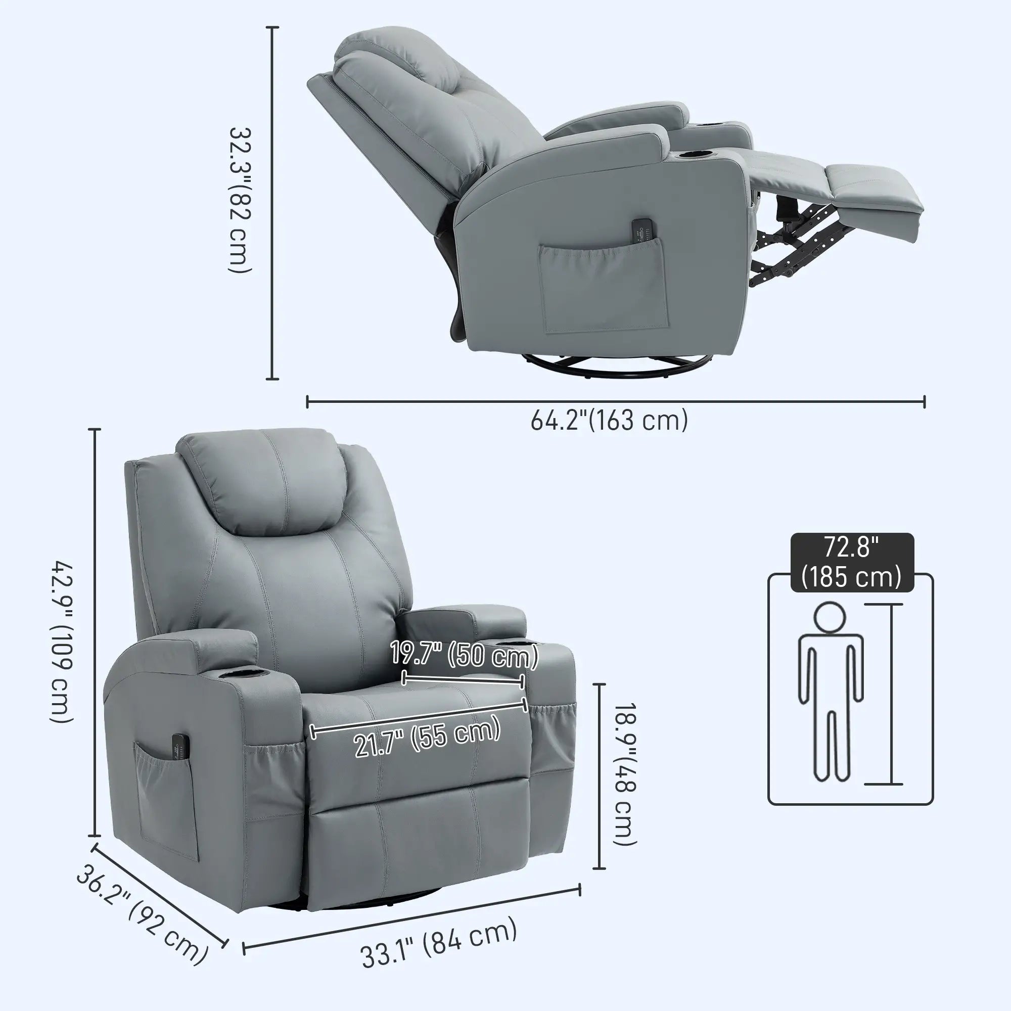 Massage Recliner Chair Leather Swivel Rocker Manual Reclining Chair with 8 Vibration Points, Cup Holders, Light Grey Single Sofas at Gallery Canada