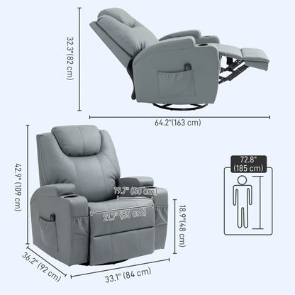 Massage Recliner Chair Leather Swivel Rocker Manual Reclining Chair with 8 Vibration Points, Cup Holders, Light Grey Single Sofas at Gallery Canada