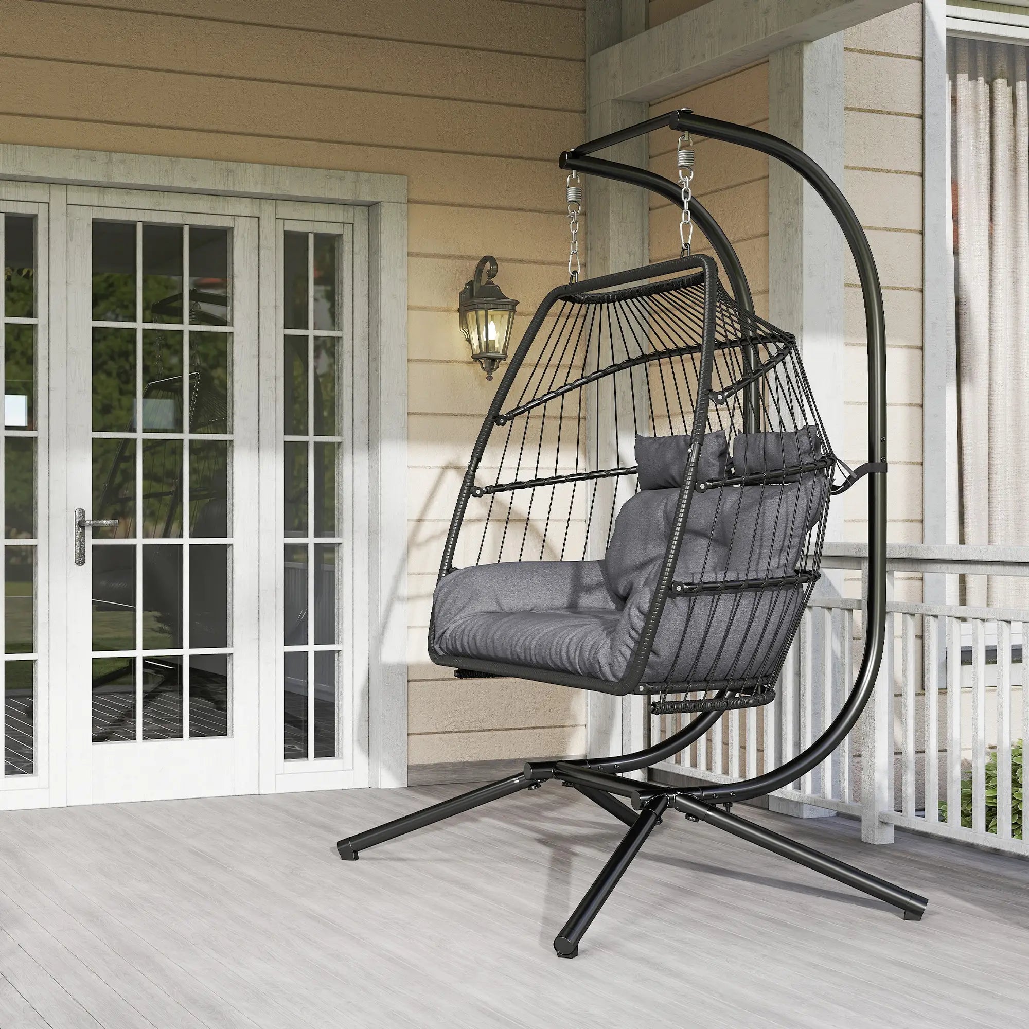 Double Wicker Egg Swing Chair, Foldable with Stand, UV Resistant Cushion, Headrest, Dark Grey Patio Swings with Stand at Gallery Canada