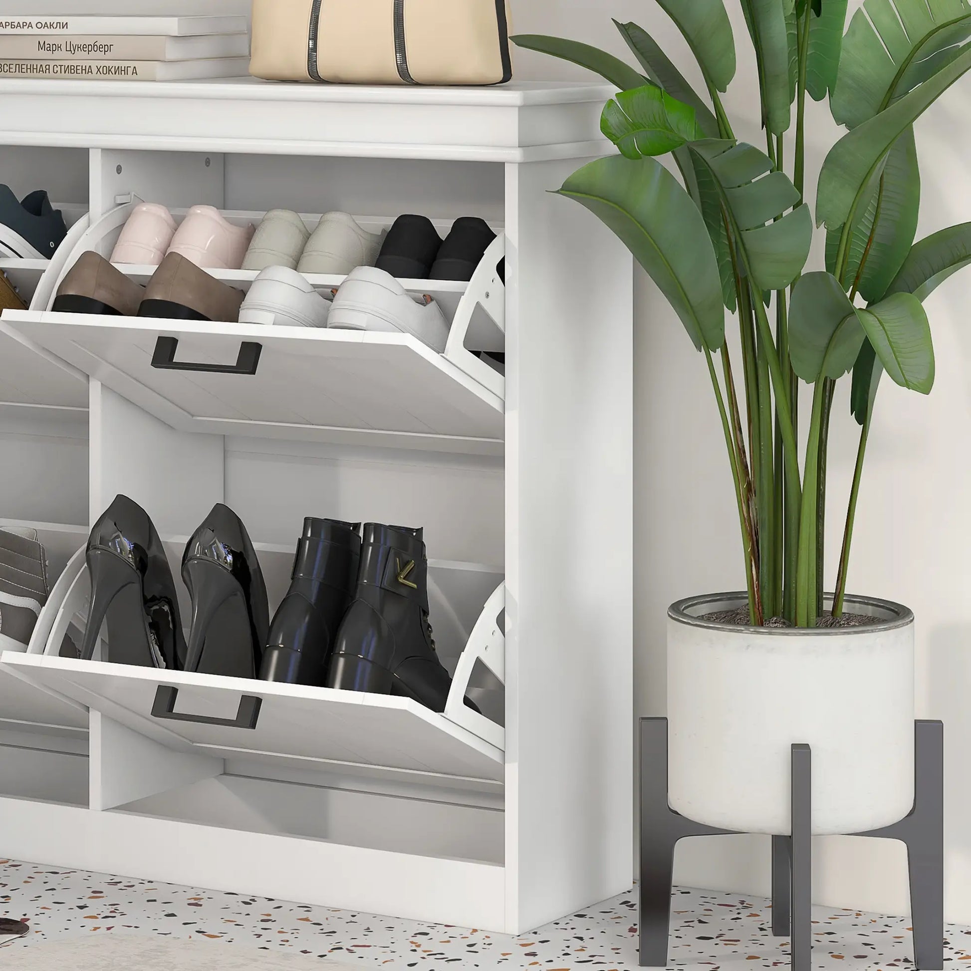 Shoe Storage Cabinet, 4 Flip Drawers, Adjustable Shelves, 20 Pairs, White Shoe Storage Cabinets & Racks at Gallery Canada