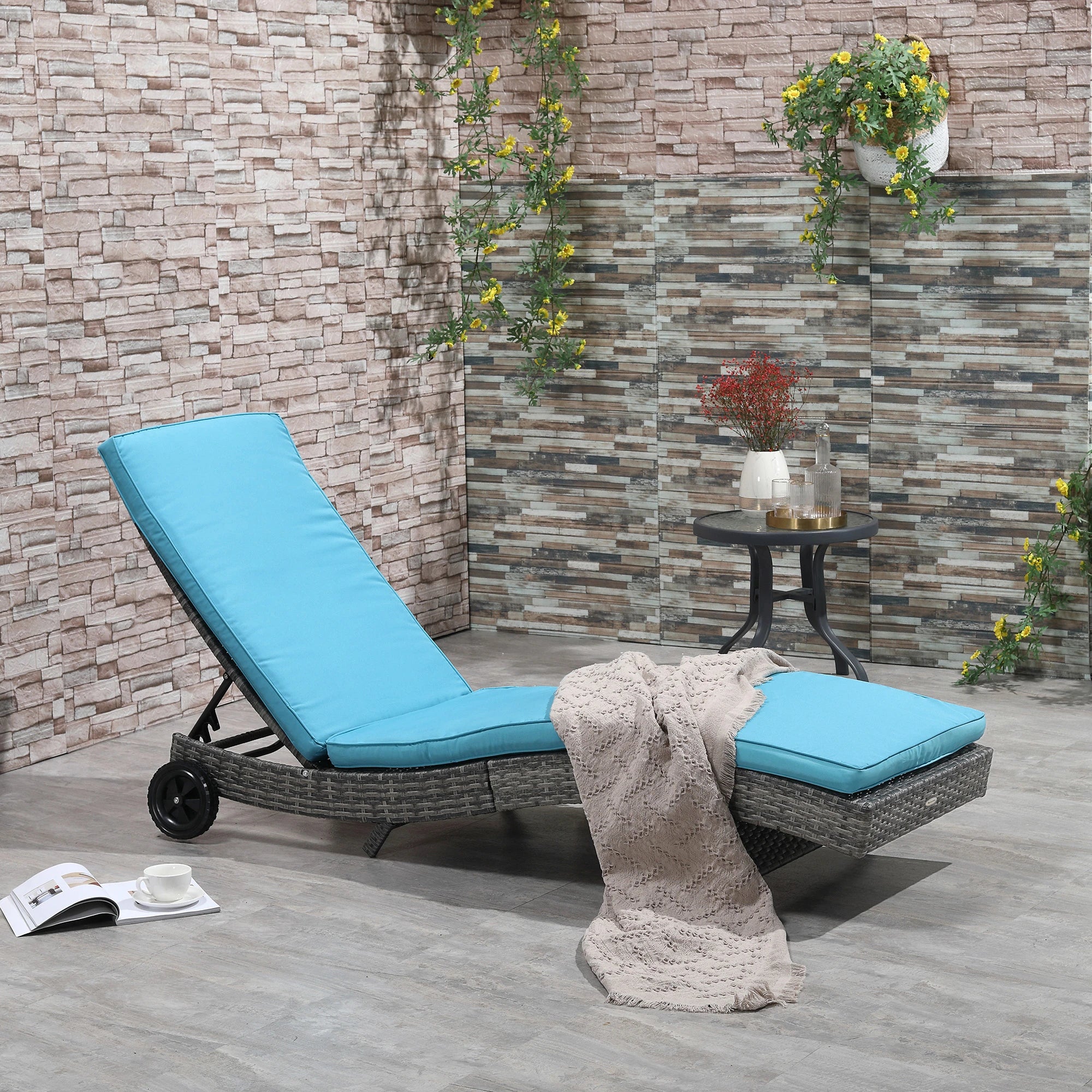 Adjustable Wicker Chaise Lounge Chair with Cushion, Wheels, Sky Blue Chaise Loungers at Gallery Canada