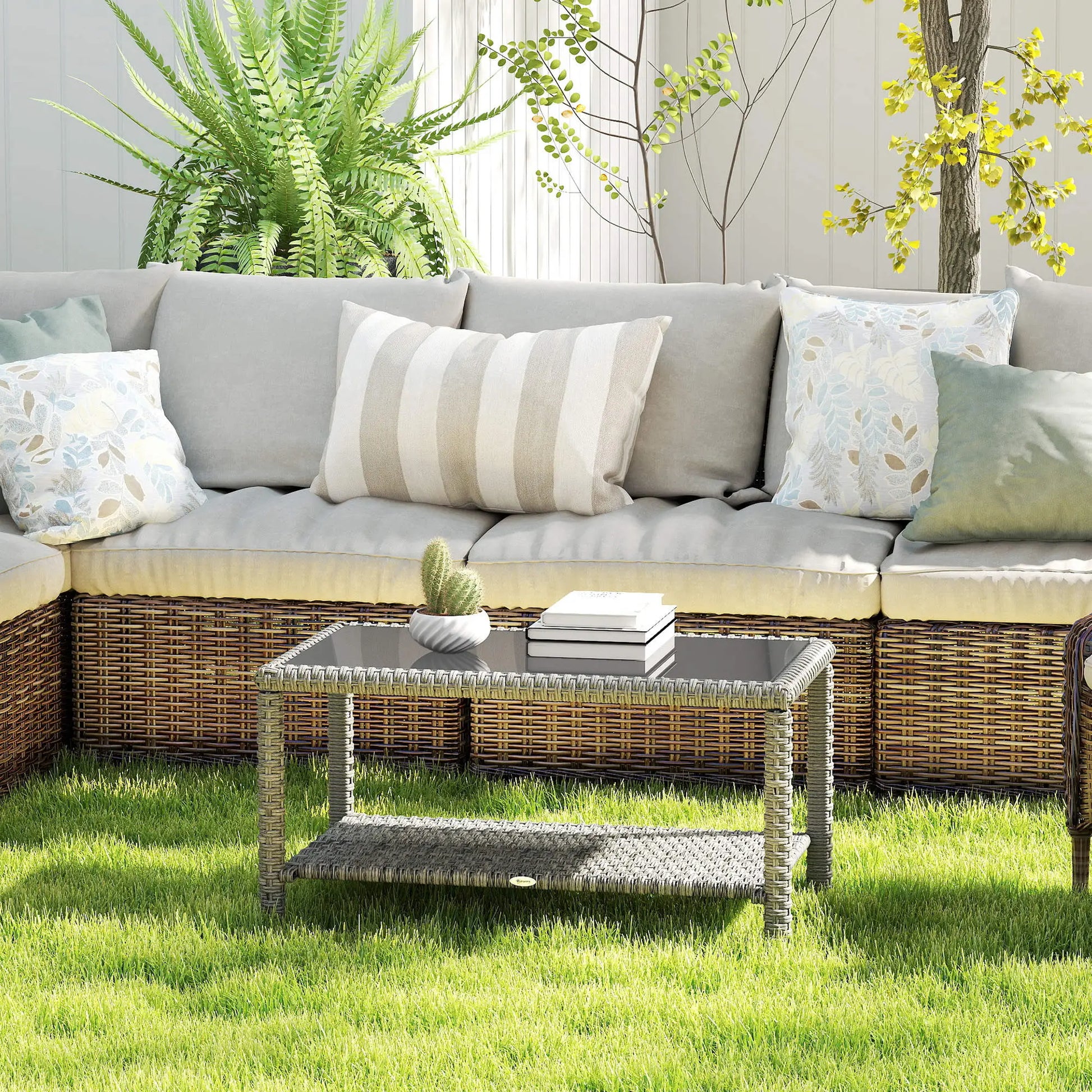 35" Outdoor Wicker Coffee Table, Glass Top, Storage Shelf, Dark Grey Coffee Tables at Gallery Canada