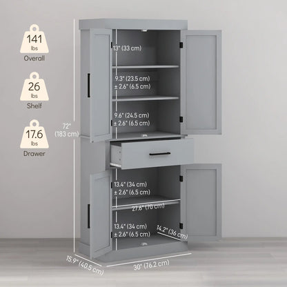 72" Kitchen Storage Cabinet, Farmhouse Pantry, 4 Barn Doors, Drawer, Adjustable Shelves, Grey Kitchen Pantry Cabinets at Gallery Canada