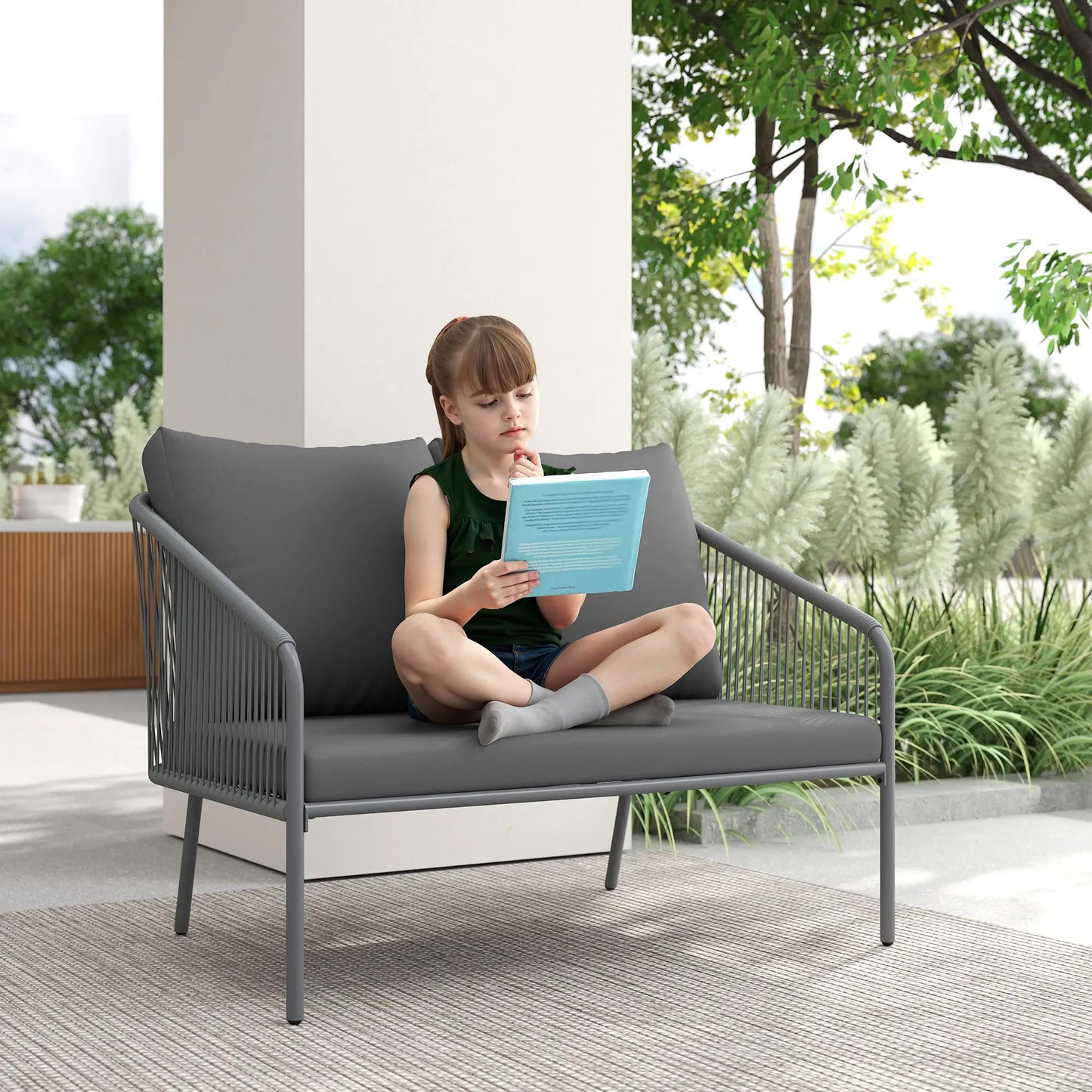 Outdoor Rattan Sofa With Cushions, 2-Seater, 112 x 72 x 76 cm, Grey Patio Furniture Sets at Gallery Canada