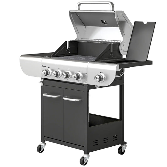 4 Burner Propane Gas Grill, 53,000 BTU, Cast Iron Grates, Wheels, Warming Rack Propane Gas Grills Silver, Black at Gallery Canada