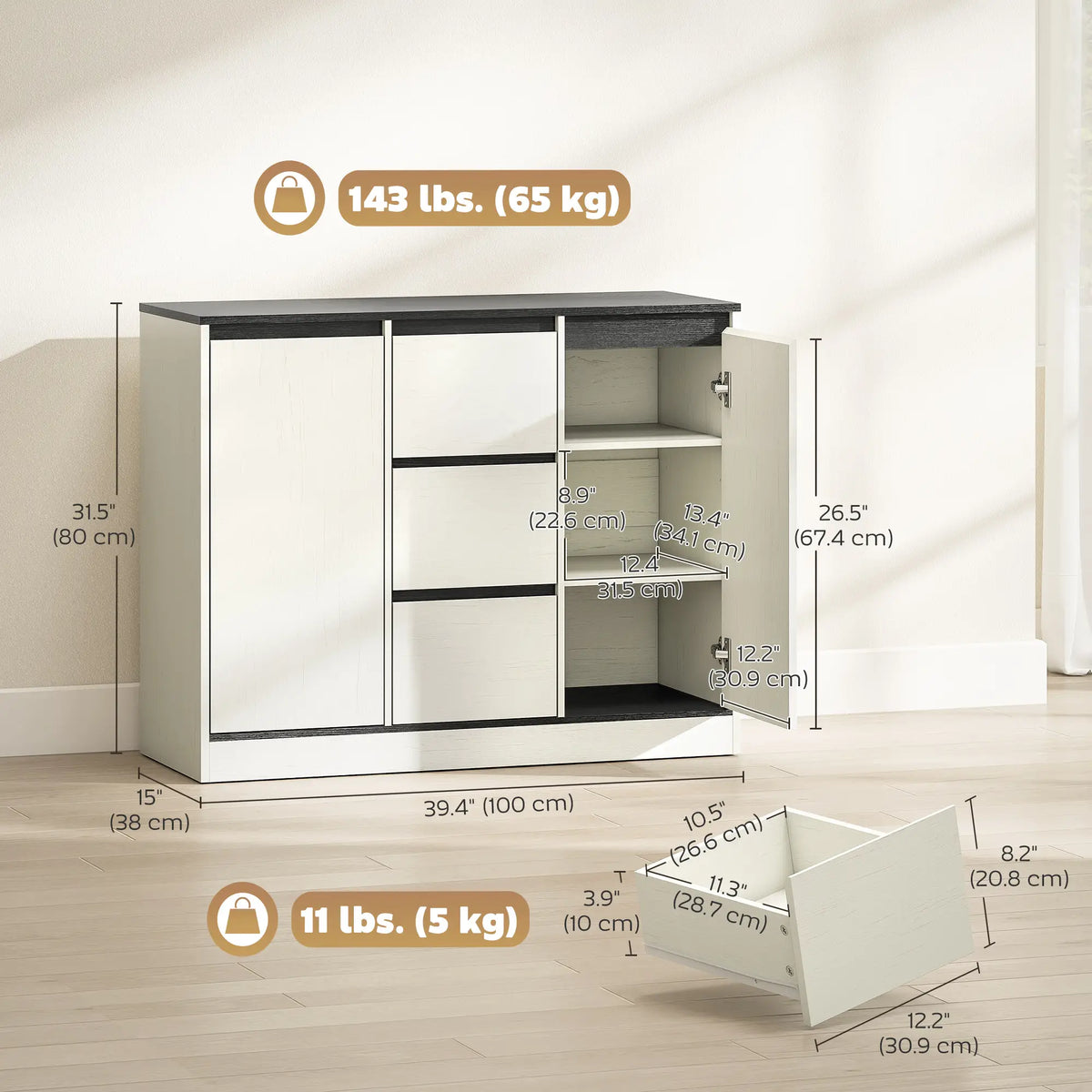 Buffet Cabinet, Soft Close Hinges, 3 Drawers, 2 Shelves, White Wood Grain
