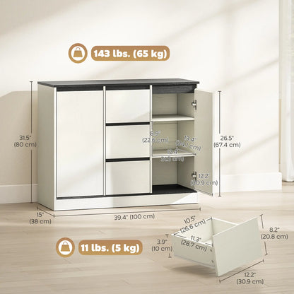 Buffet Cabinet, Soft Close Hinges, 3 Drawers, 2 Shelves, White Wood Grain