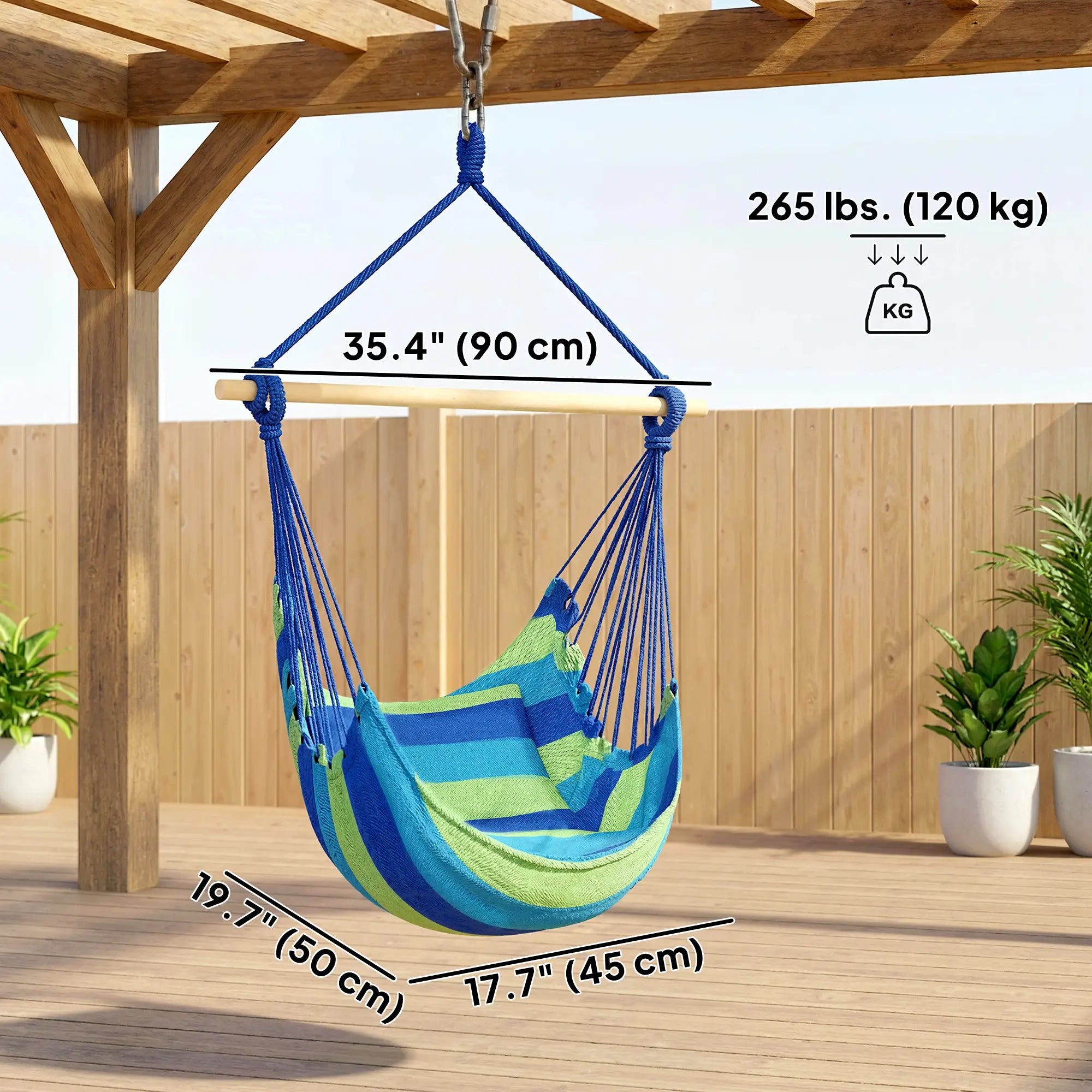 Hanging Macrame Chair, Two Soft Seat Cushions, Blue Green Hanging Porch Swings at Gallery Canada