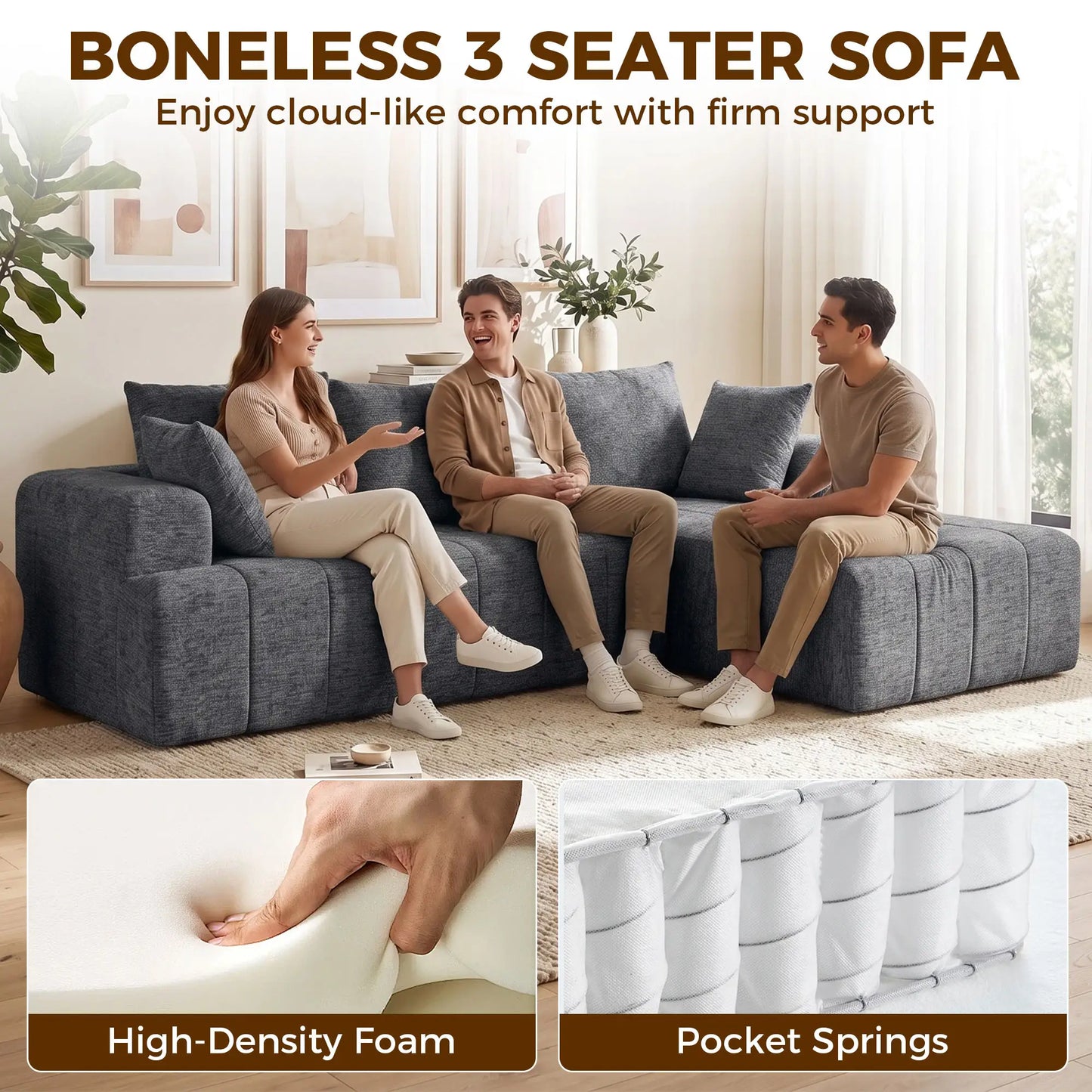 101 Modular Sectional Sofa With Chaise, Cloud Couch, Grey
