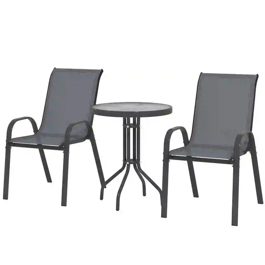 3 Piece Bistro Set, Stackable Mesh Chairs, Glass Table, Dark Grey Bistro Sets Dark Grey at Gallery Canada