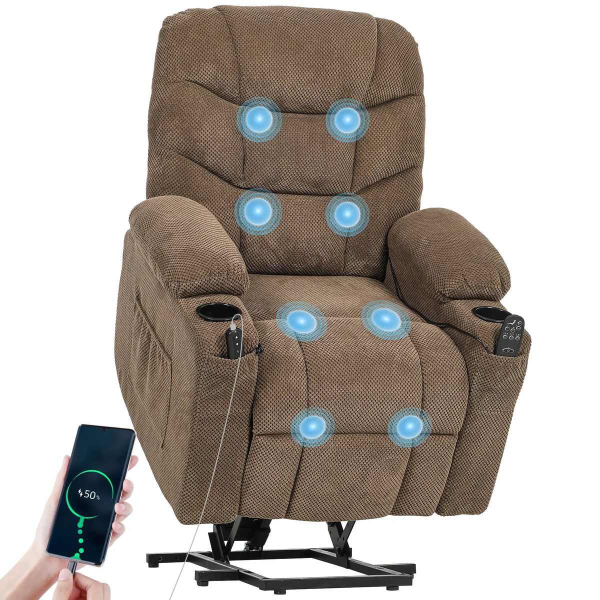 Electric Lift Recliner Chair, Massage, Side Pockets, Cup Holders, Remote, Brown Electric Power Lift Chairs at Gallery Canada
