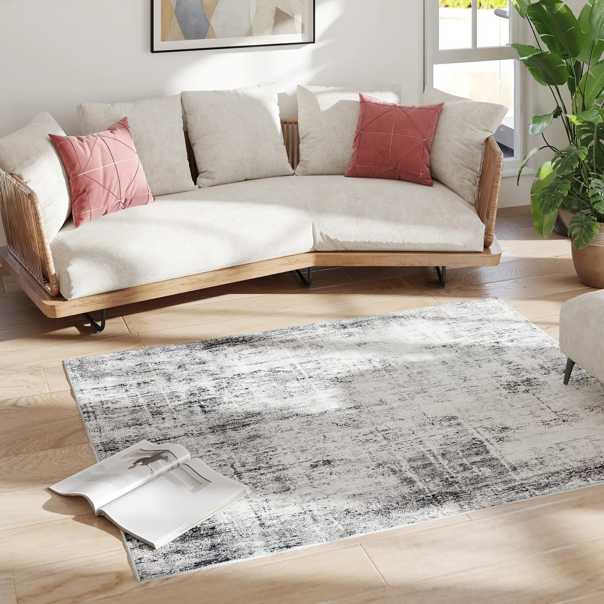 Modern Abstract Area Rug 5x7, Machine Washable, Non-Slip, Grey Living Room Furniture at Gallery Canada