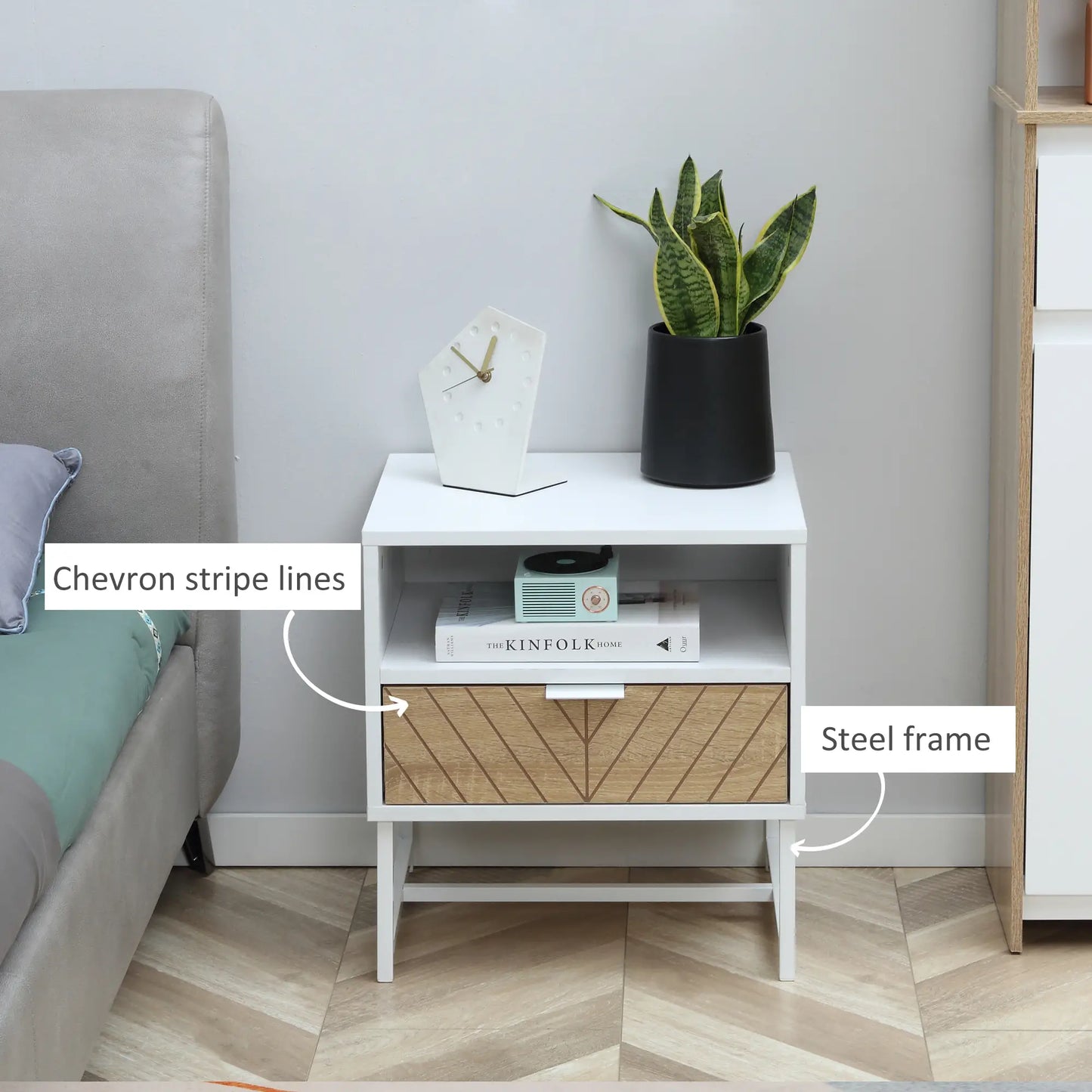 Modern Bedside Table with Drawer, Storage Shelf, Oak, White Bedside Tables at Gallery Canada