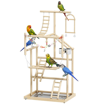 Bird Playground, 4 Layer Wooden Play Stand, Ladders, Chain Toy, Stainless Steel Cups Bird Cages at Gallery Canada