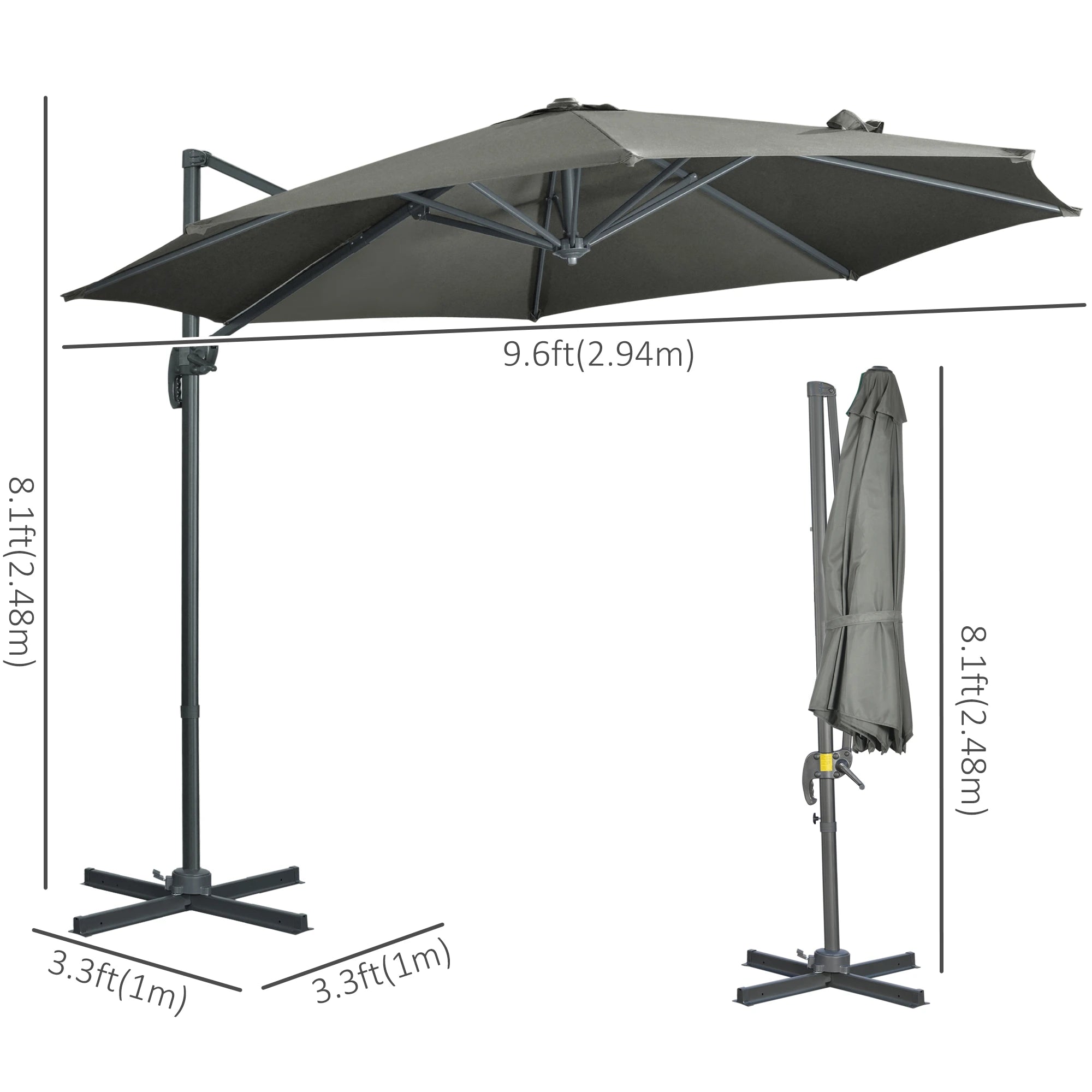 9.6' Cantilever Patio Umbrella, Outdoor Hanging, 360° Rotation, Grey Cantilever Umbrellas at Gallery Canada