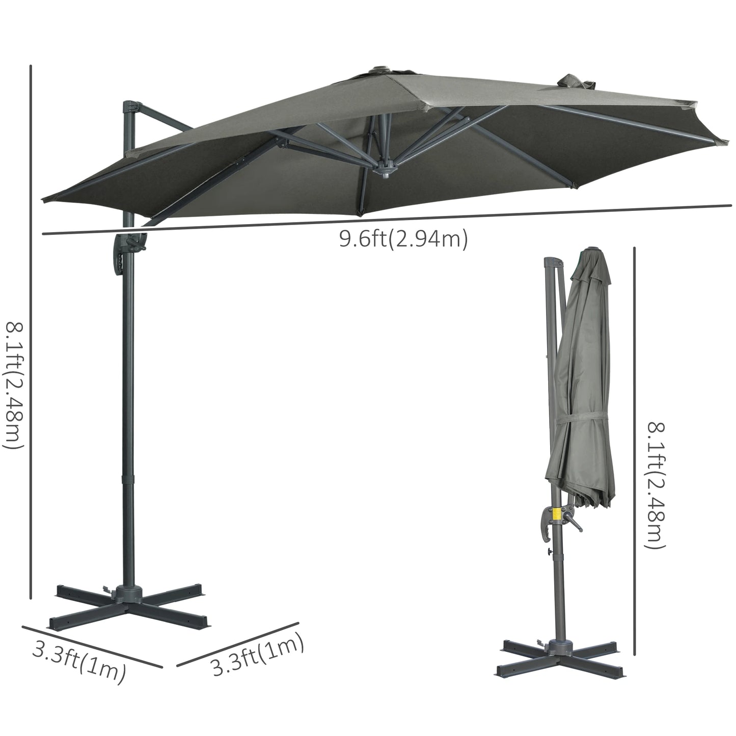 9.6' Cantilever Patio Umbrella, Outdoor Hanging, 360° Rotation, Grey Cantilever Umbrellas at Gallery Canada