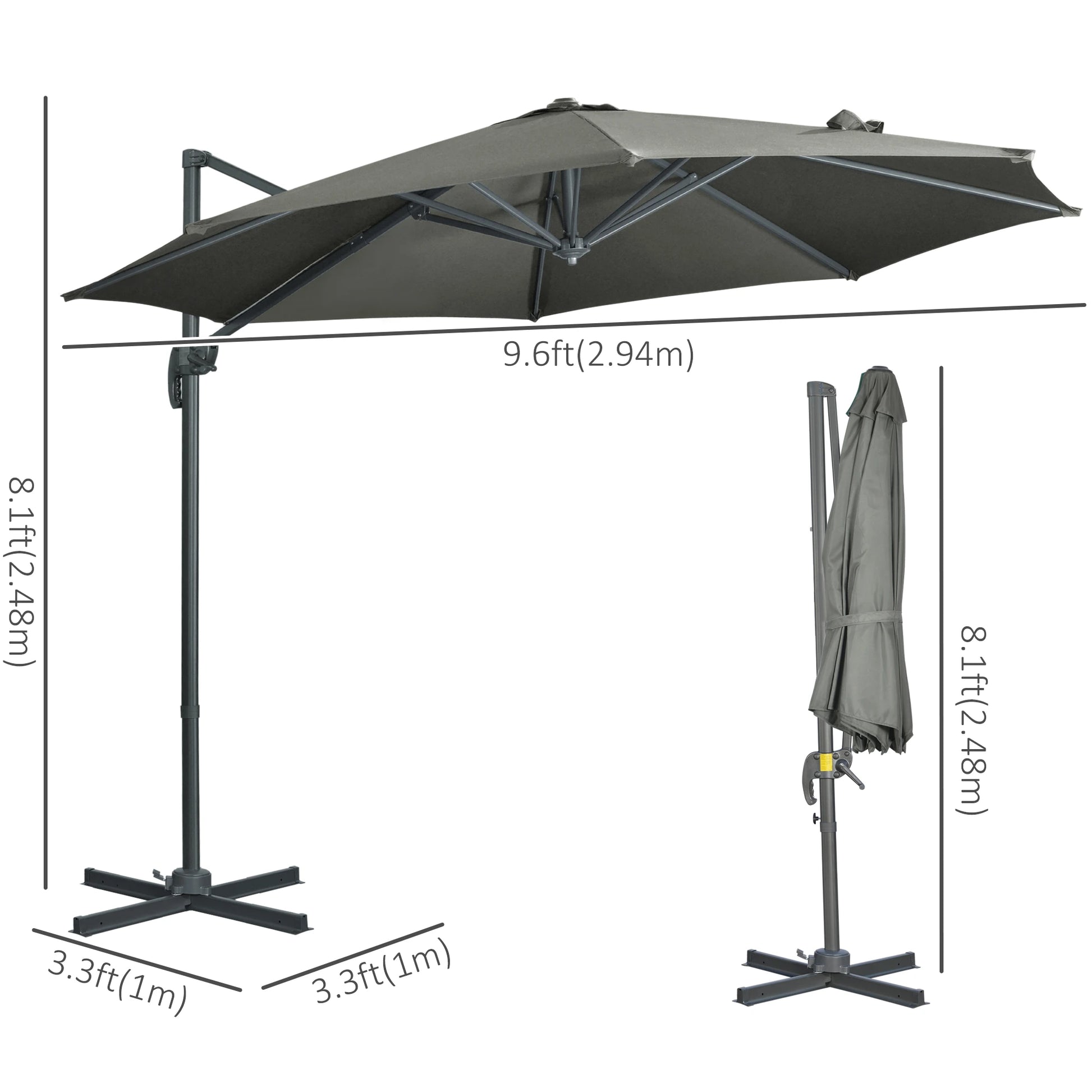 9.6' Cantilever Patio Umbrella, Outdoor Hanging, 360° Rotation, Grey Cantilever Umbrellas at Gallery Canada