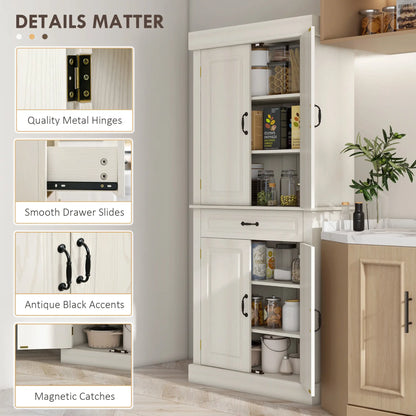 71" Freestanding Kitchen Pantry, 4 Doors 2 Cabinets, Distressed White, White Kitchen Pantry Cabinets at Gallery Canada