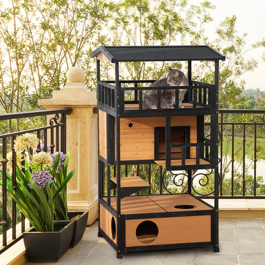 4-Floor Wood Outdoor Cat House Catio for Cats with Condo, Fun Entrances, Perch, Natural - Gallery Canada