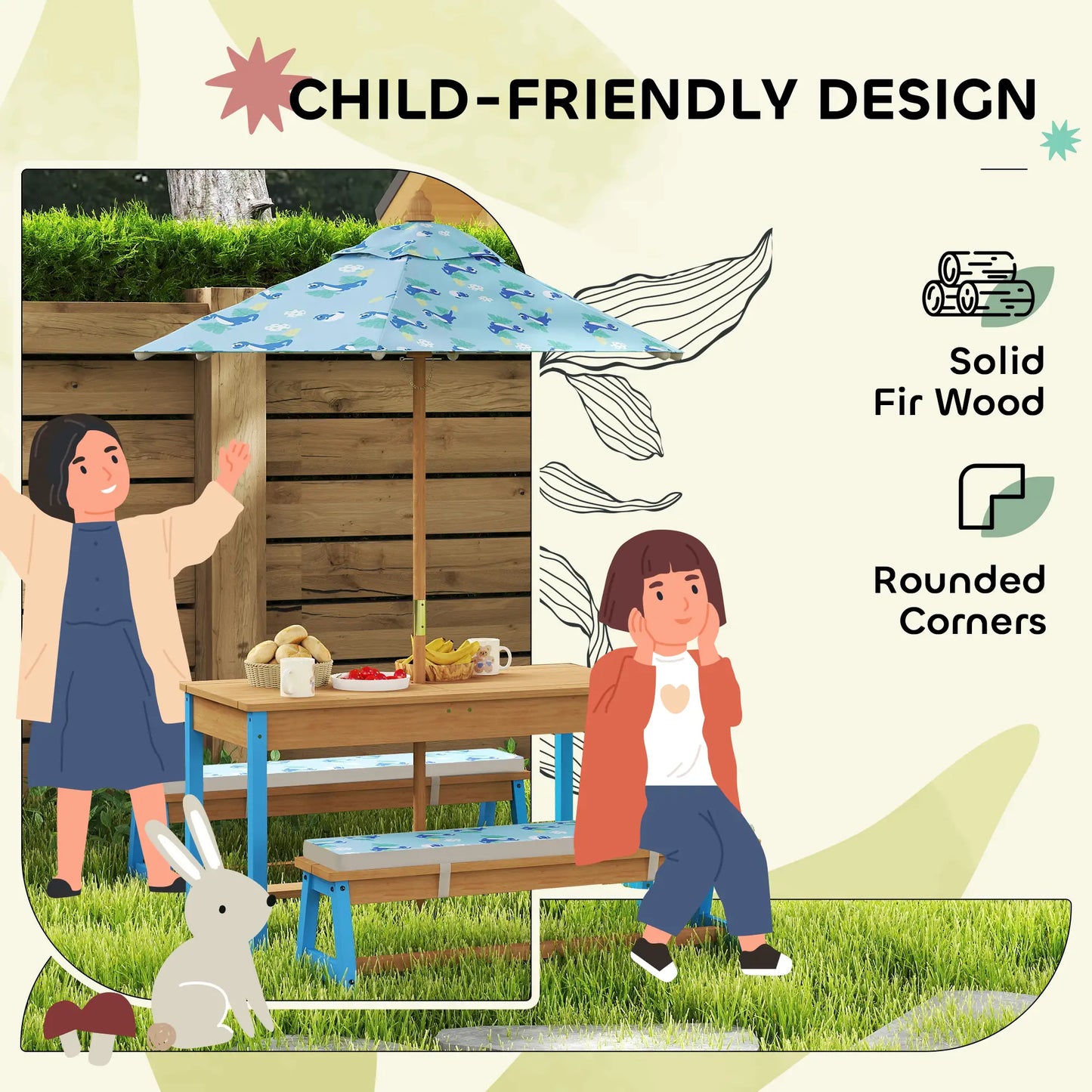 Kids Picnic Table Bench Set with Umbrella, Cushions, Boxes, Dinosaur Theme, Blue Kids Outdoor Furniture at Gallery Canada