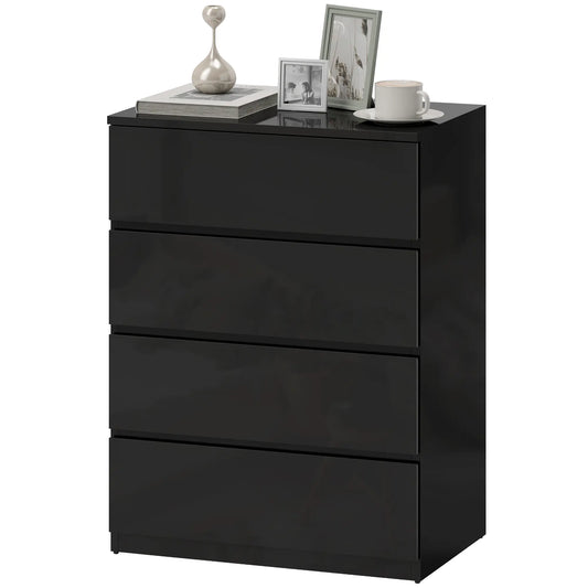 4 Drawer Cabinet, High Gloss Chest With Metal Runners, Black