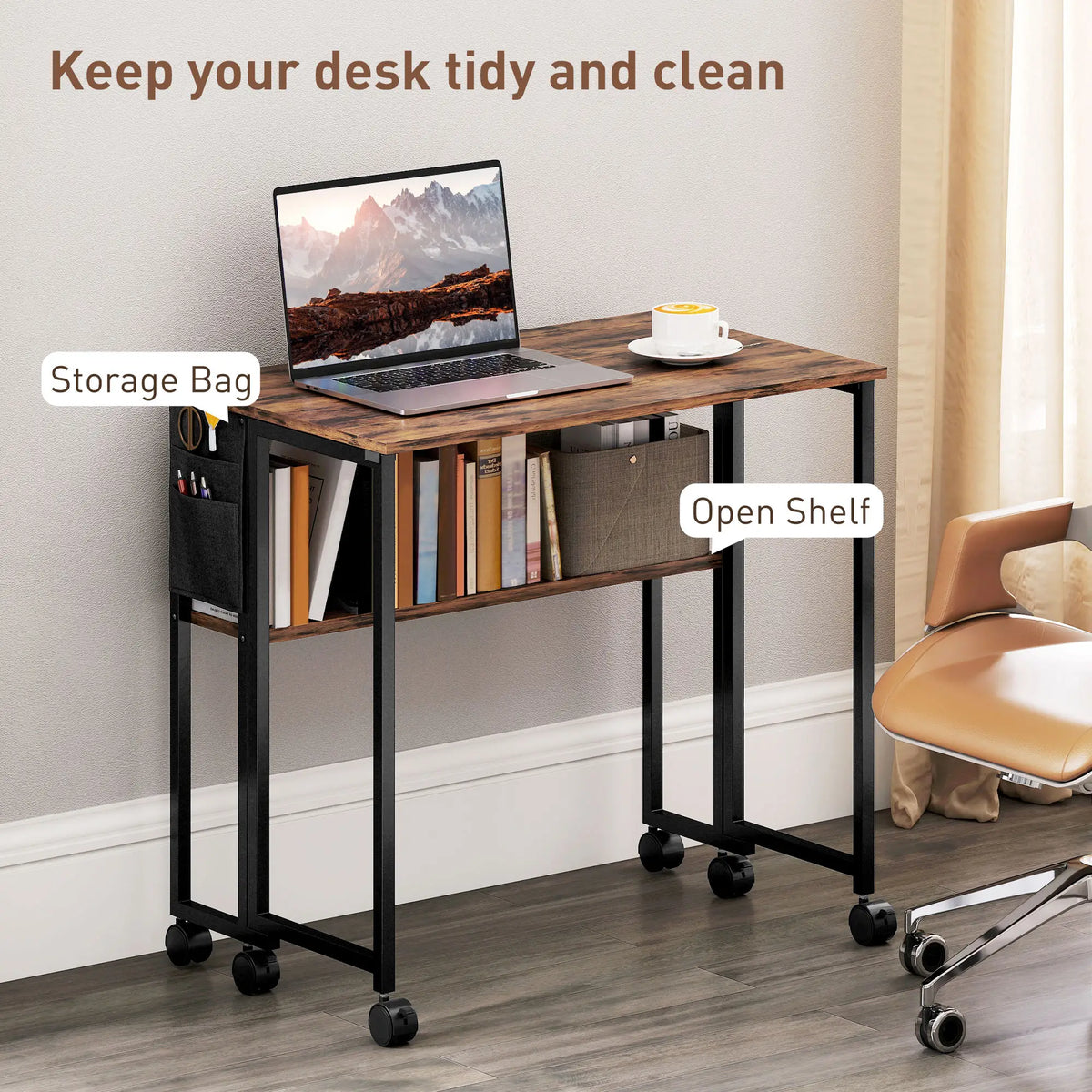 Folding Computer Desk with Storage Bag, Shelf and Wheels, Rustic Brown Writing Desks at Gallery Canada