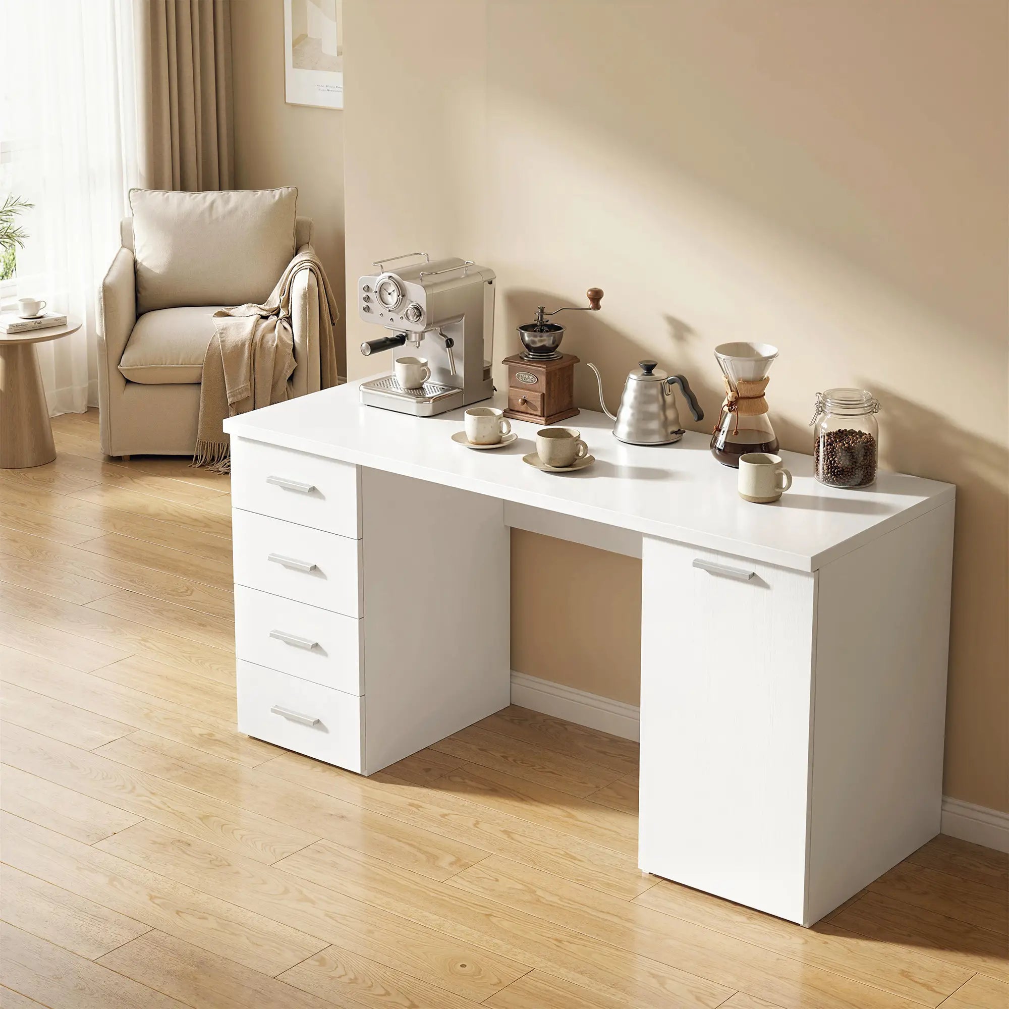 140 cm Computer Desk, Adjustable Shelf, Drawers, Cabinet, White Wood Grain, White Computer Desks at Gallery Canada