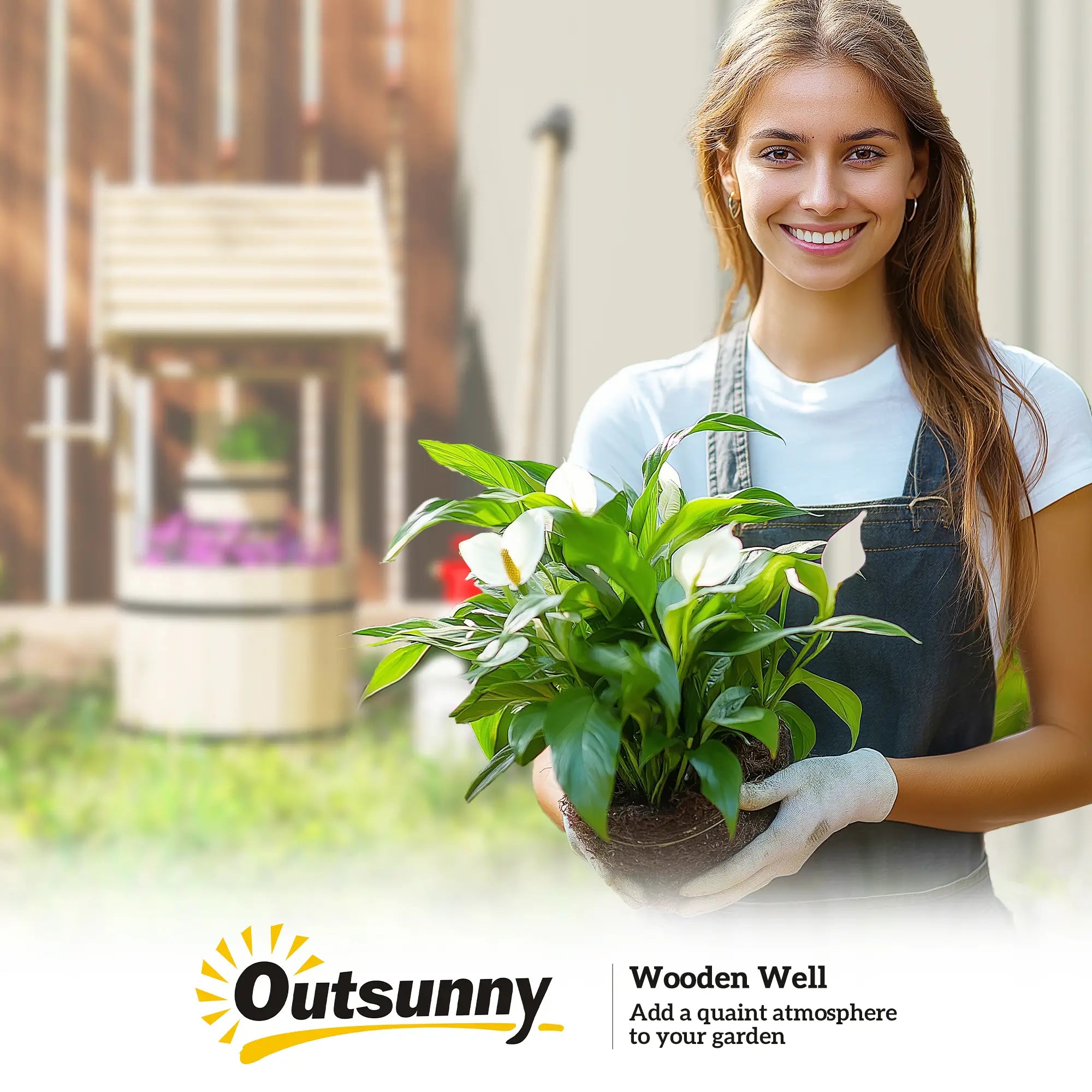 Wood Wishing Well Planter With Hanging Bucket, Natural Water Fountains at Gallery Canada