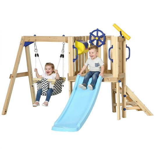 Wooden Kids Swing Set With Slide, Swing Seat, Captain's Wheel, Telescope, Natural Gym Sets & Swings Natural, Blue, Yellow at Gallery Canada