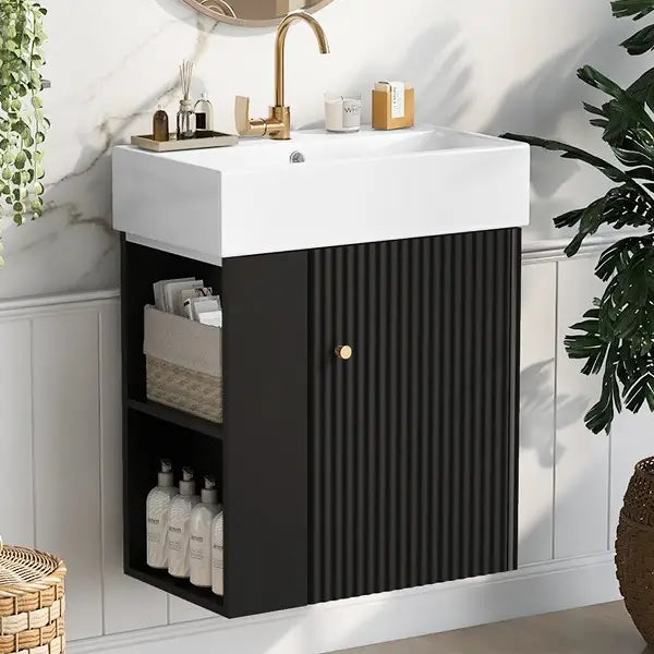 Floating Bathroom Vanity, Ceramic Basin, Side Storage, 21.5
