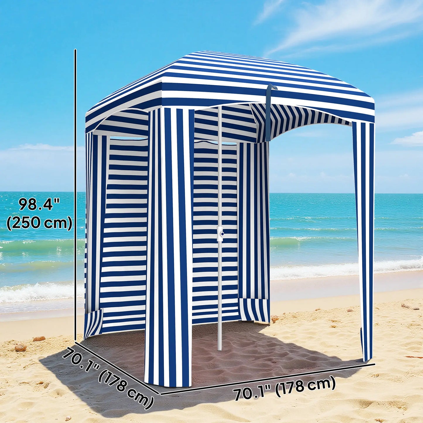 70.1" L x 70.1" W Cabana Umbrella With Walls, Vents, Ruffles, Carry Bag, Blue White Stripe