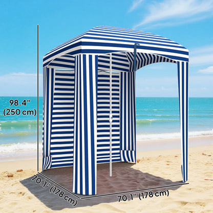 70.1" L x 70.1" W Cabana Umbrella With Walls, Vents, Ruffles, Carry Bag, Blue White Stripe