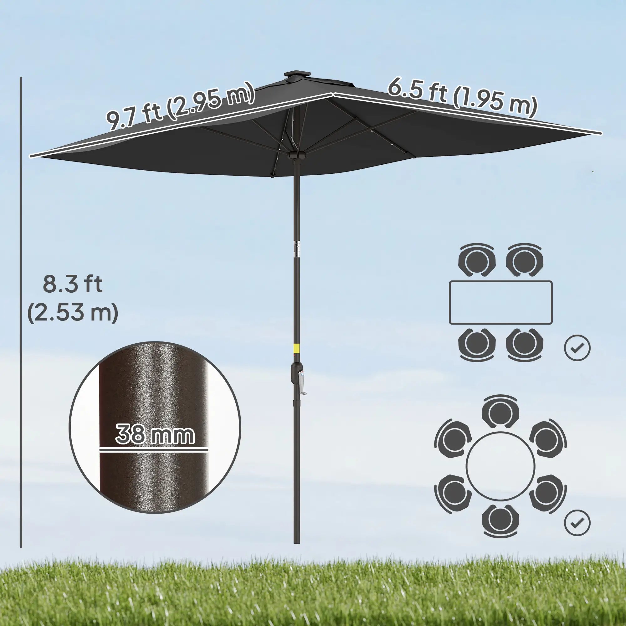 6.5x10ft Rectangle Tilt Patio Umbrella With LEDs, Black Sun Umbrellas at Gallery Canada