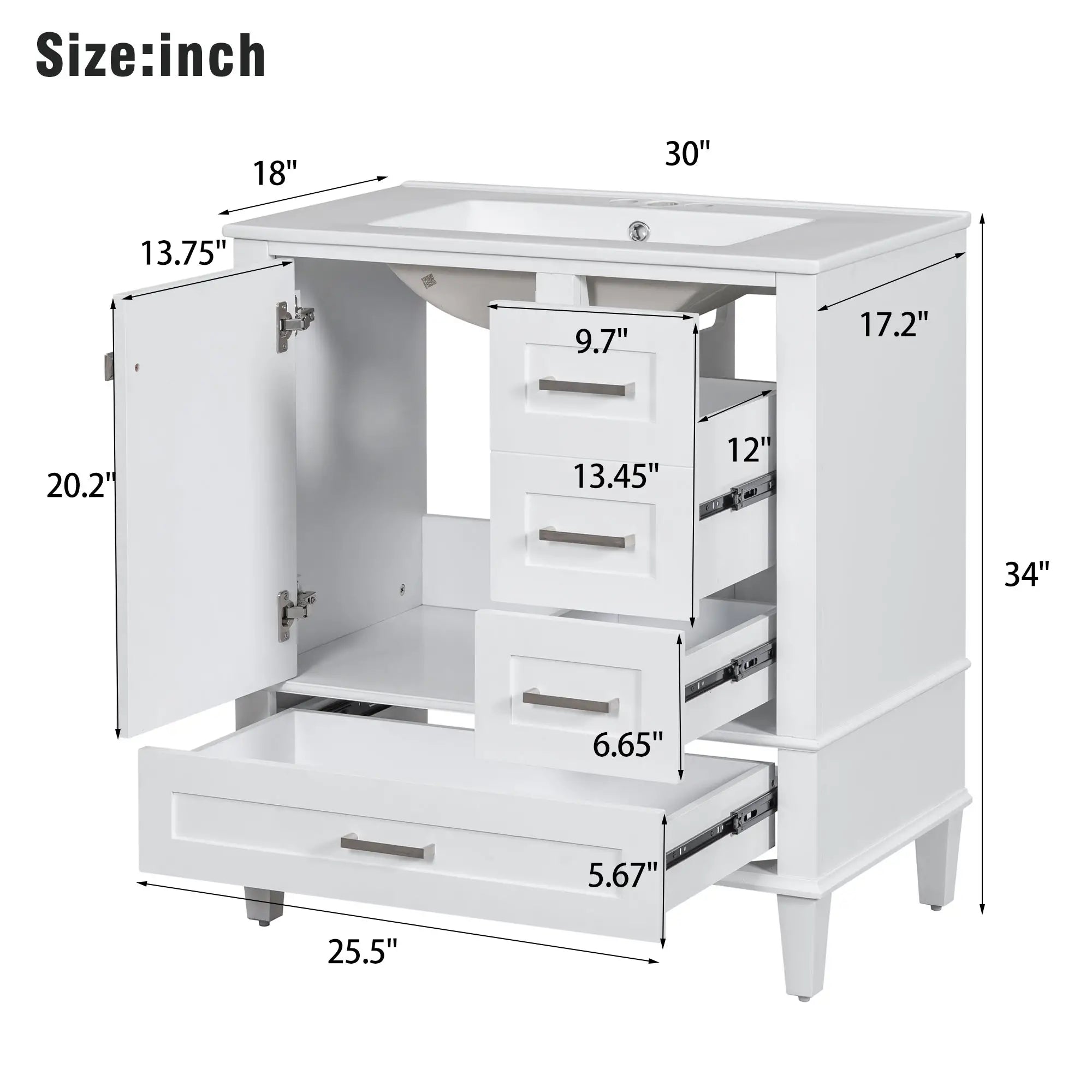 Solid Wood Bathroom Vanity, Sink Combo, Soft-Close Door, 3 Drawers, 30