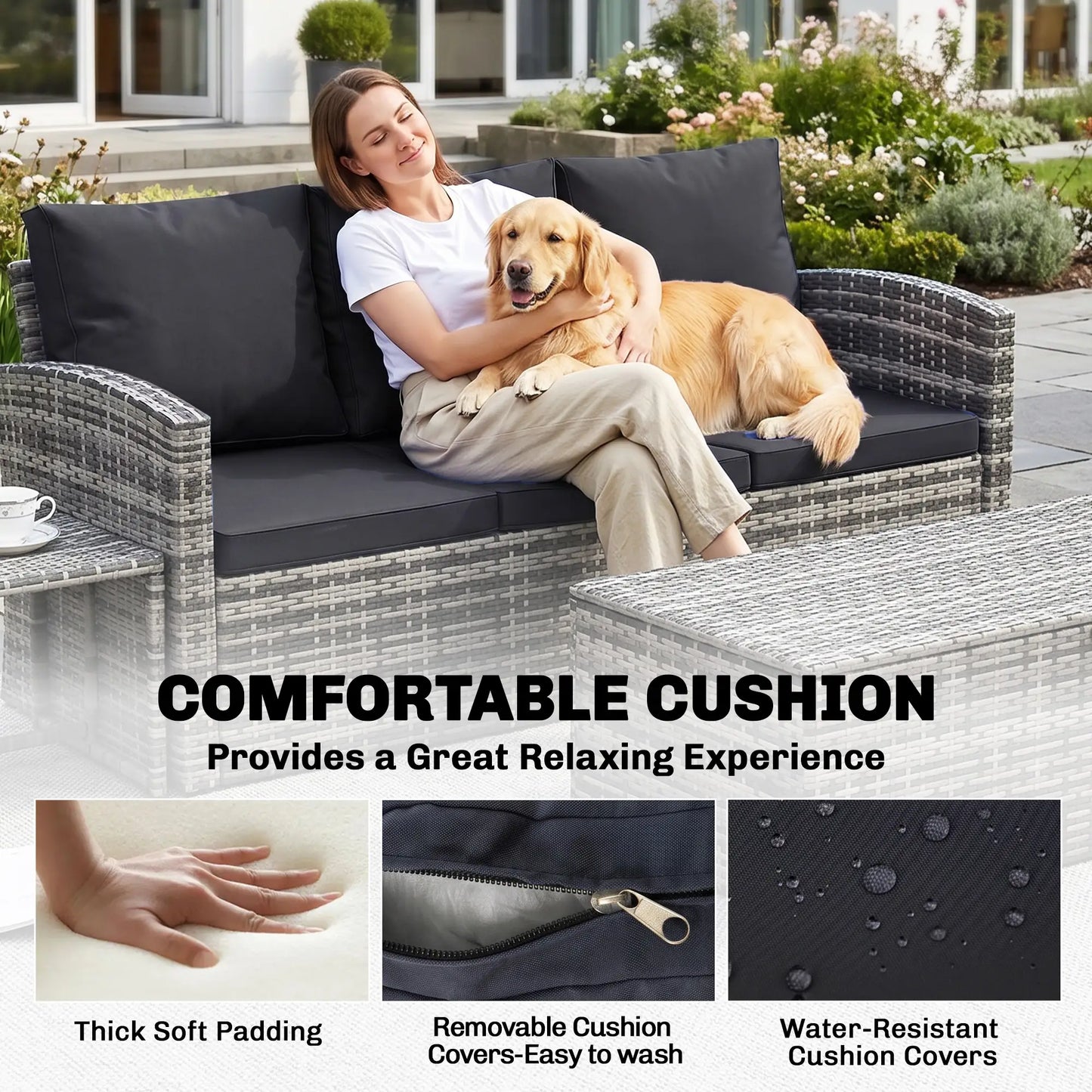 6-Piece Wicker Patio Furniture Set, 7-Seater with Cushions, Black Patio Furniture Sets at Gallery Canada