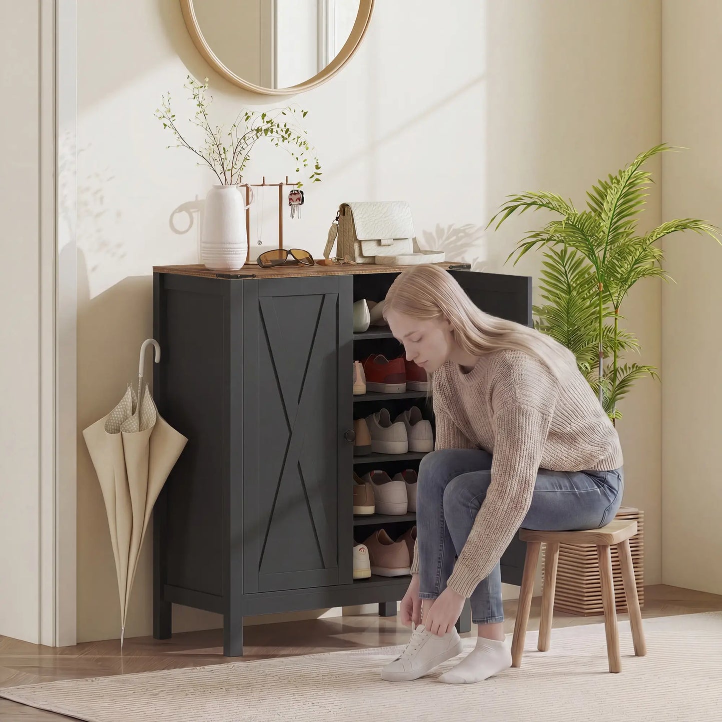 Shoe Cabinet With Barn Doors, Adjustable Shelves, 15 Pairs, Black Shoe Storage Cabinets & Racks at Gallery Canada