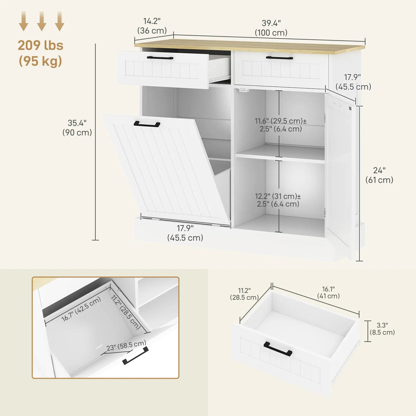 Hidden Garbage Bin Cabinet, Tilt Out Trash, 2 Drawers, White Bar Cabinets at Gallery Canada