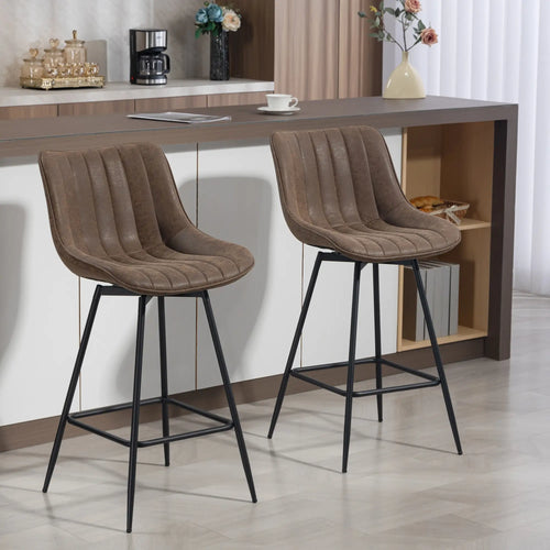 Set of 2 Counter Height Barstools, PU Leather, Brown
