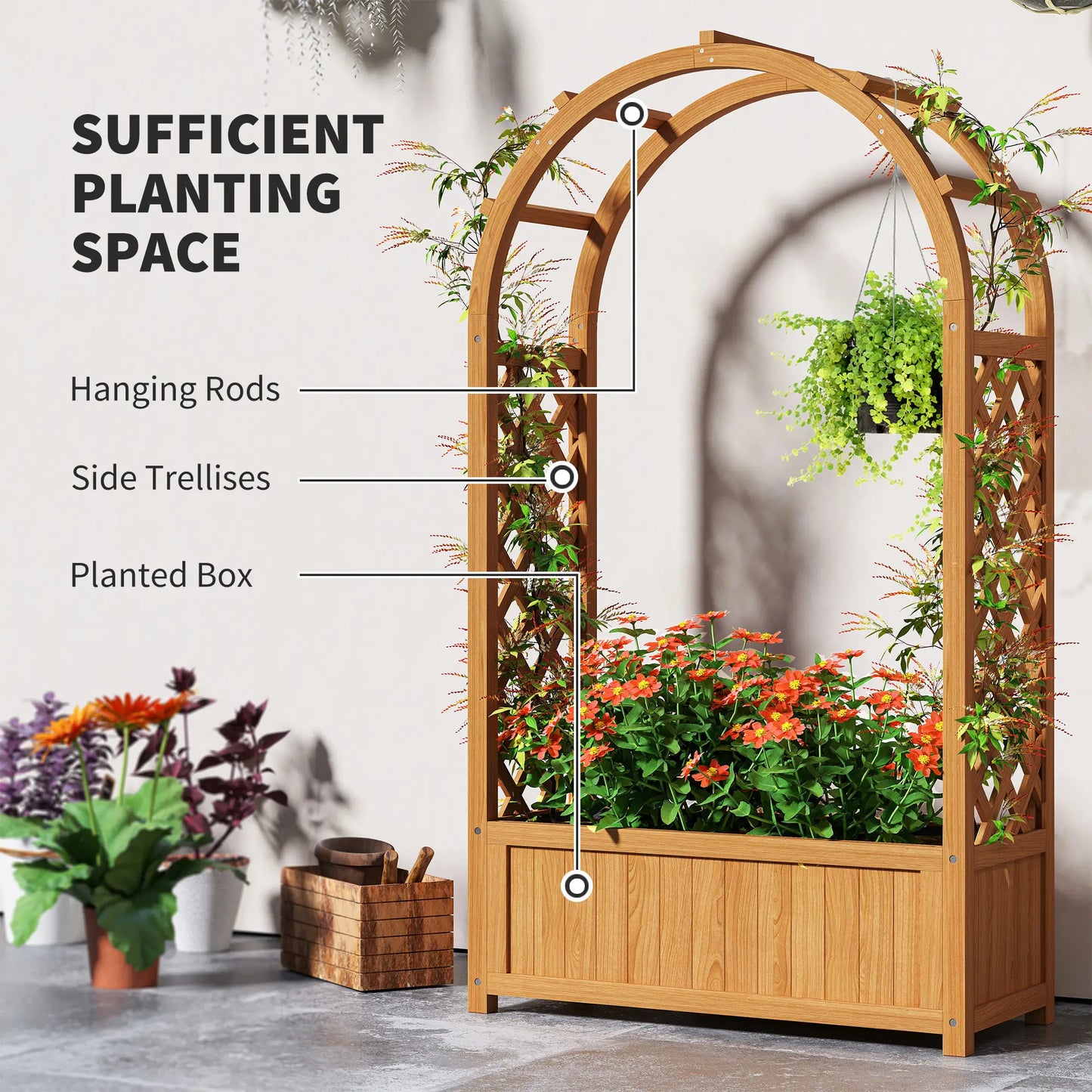 Wooden Raised Garden Bed With Arch Trellis, 33" x 14" x 57", Trellis Planter For Vine Plants Wooden Planter Boxes at Gallery Canada
