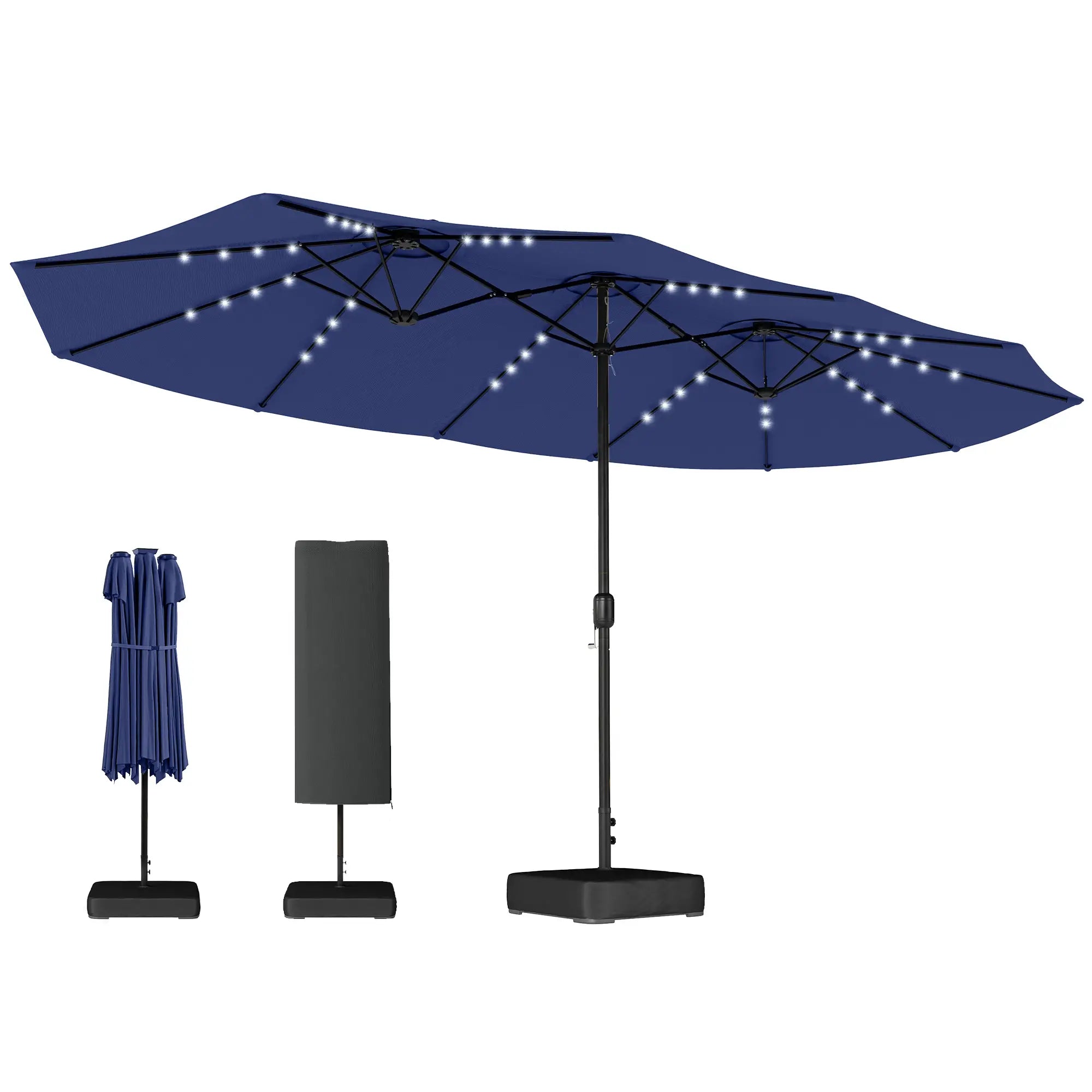 Double-Sided Patio Umbrella, 15ft, 48 LED Lights, Base Included, Dark Blue Double-sided Umbrellas at Gallery Canada