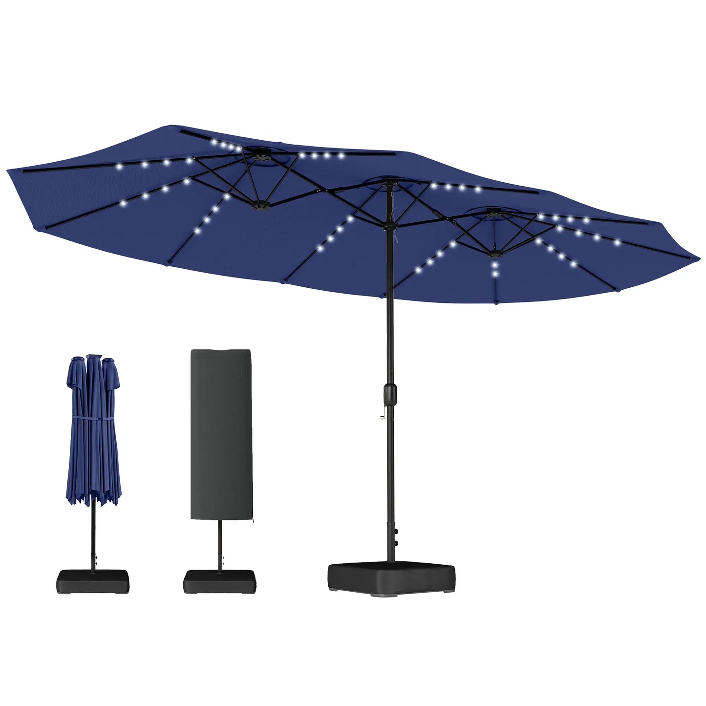 Double-Sided Patio Umbrella, 15ft, 48 LED Lights, Base Included, Dark Blue Double-sided Umbrellas at Gallery Canada