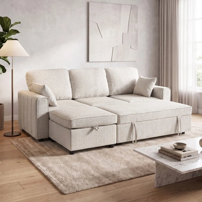 Modular Sectional Sofa Bed With Reversible Ottoman, Beige