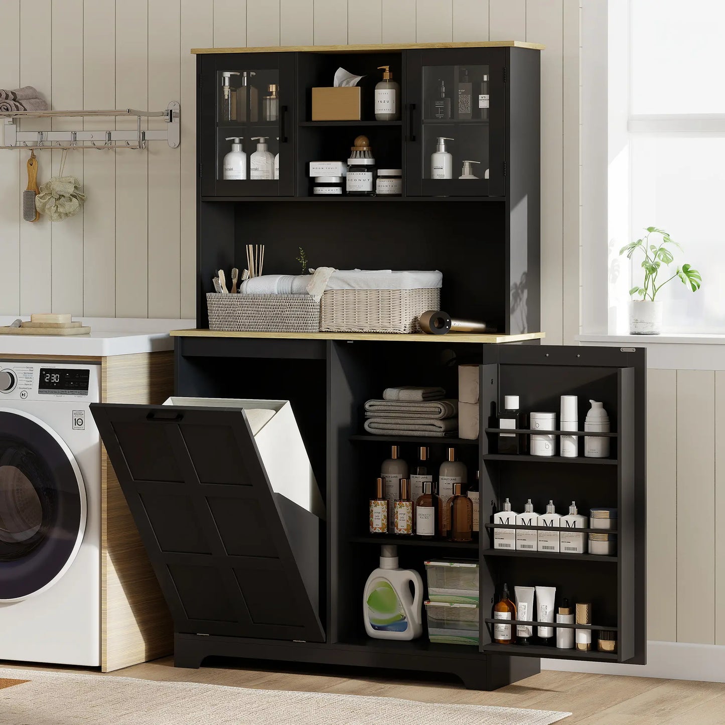 Kitchen Pantry Cabinet, 7 Gallon Trash Can, Adjustable Shelves, Acrylic Doors, Black Kitchen Pantry Cabinets at Gallery Canada